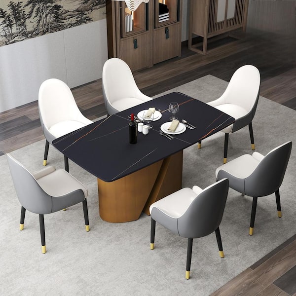 Magic Home 63 in. Rectangle Round Edge Sintered Stone Top Pedestal Pandora Bronze Metal Base Dining Table (Seats 6)