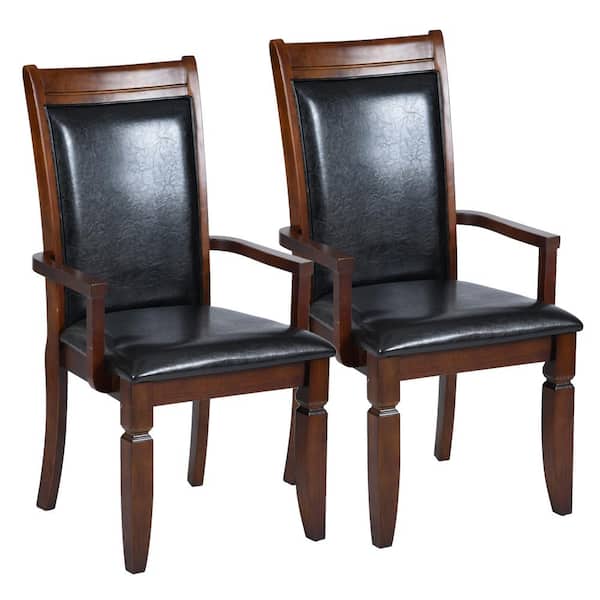 Homy Casa Zaman Brown Faux Leather Upholstered Arm Dining Chairs with Solid Wood Legs (Set of 2)