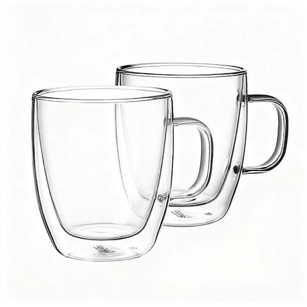 Modern 12.5 oz. Freezer Safe Clear Glass Double-Layer Coffee Mugs, Insulated for Espresso, Tea Beverages, Set of 2