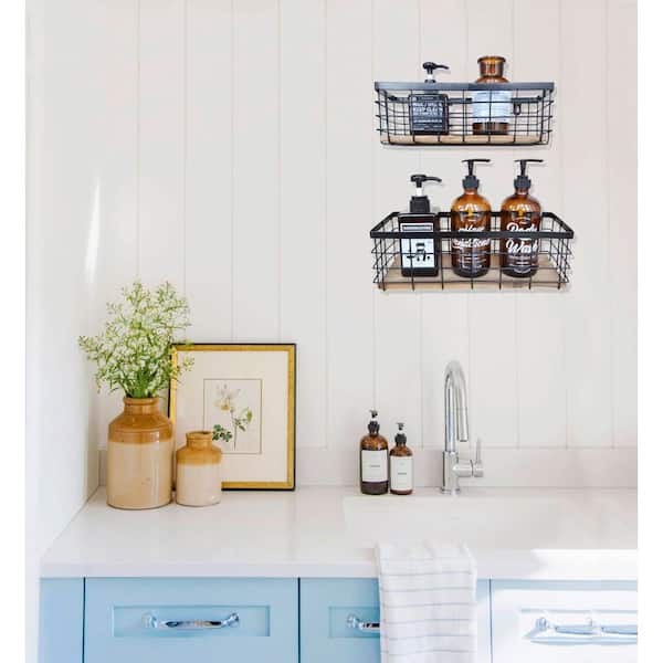 2-Piece Metal Wire Storage Baskets with Detachable Wood Base, Black Spice Rack for Kitchen Cabinets Bathroom Pantry