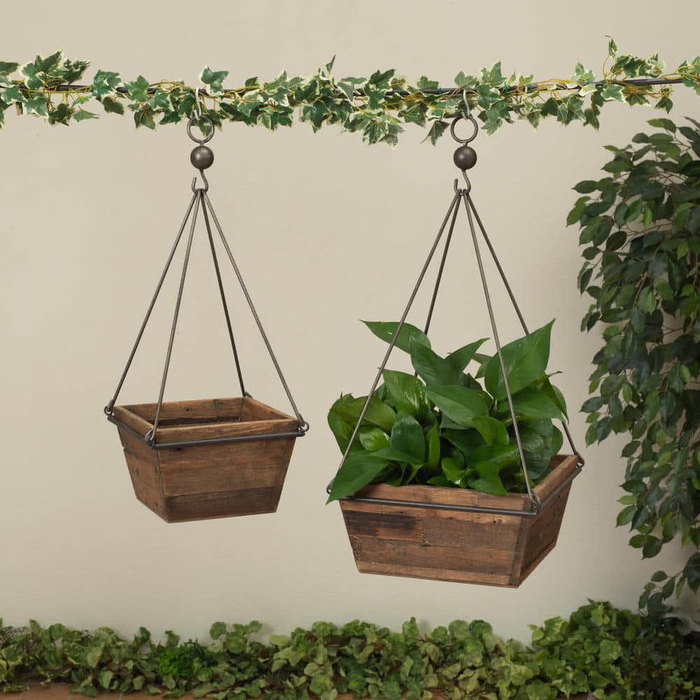 Set of 2 Rustic Fir Wood and Iron Hanging Planters