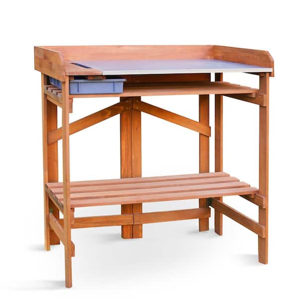 36in. W x 38in. H stained Potting Bench with Soil Collection Bin