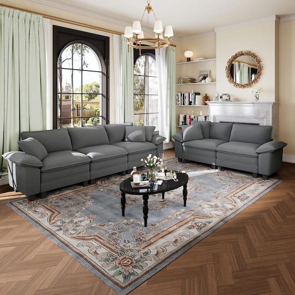 123.6 in. Flared Arm 5-Seat Corduroy Fabric Modular Sectional Sofa in. Light Gray with 5 Throw Pillows for Living Room