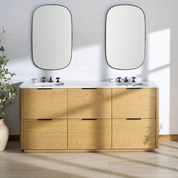 Gabrietta 72 in. Double Sink Natural Bath Vanity with White Marble Top