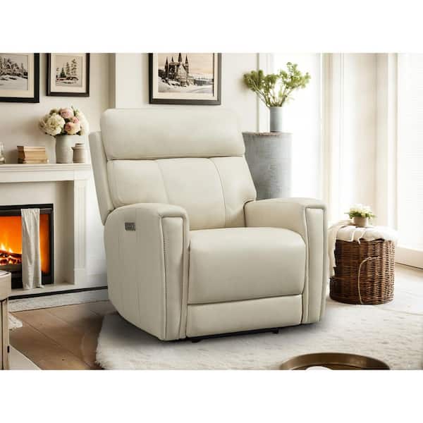 Ellesophas 36 in. Cream Genuine Leather Power Recliner with with Power Headrest and USB/USB-C Ports