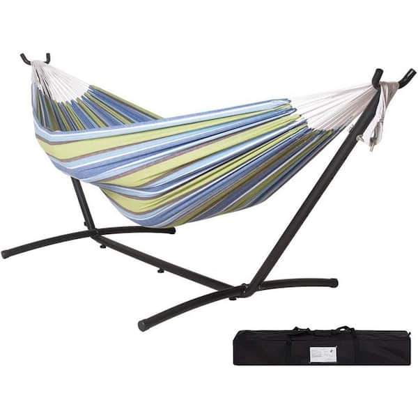 Unbranded 9 ft. 2-Person Hammock with Steel Stand Includes Portable Carrying Case, 450 lbs. Capacity ( Blueandgreen Stripe)
