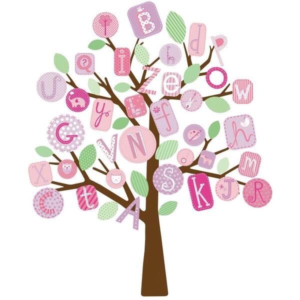 Unbranded 27 in. x 40 in. ABC Pink Tree 56-Piece Peel and Stick Giant Wall Decals-DISCONTINUED