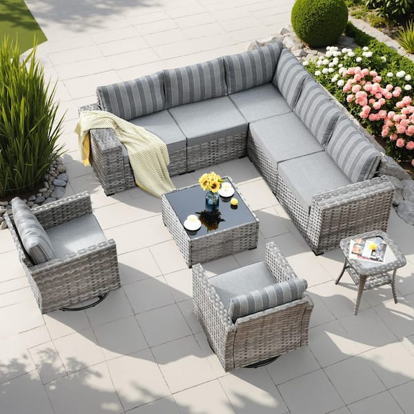 HOOOWOOO Crater Grey 9-Piece Wicker Wide-Plus Arm Patio Conversation Sofa Set with Swivel Rocking Chairs and Stripe Grey Cushions