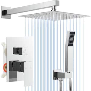 1-Spray Square 10 in. Shower Head Brass Wall Bar Shower Kit with Valve & Hand Shower Rainfall Shower in Polished Chrome