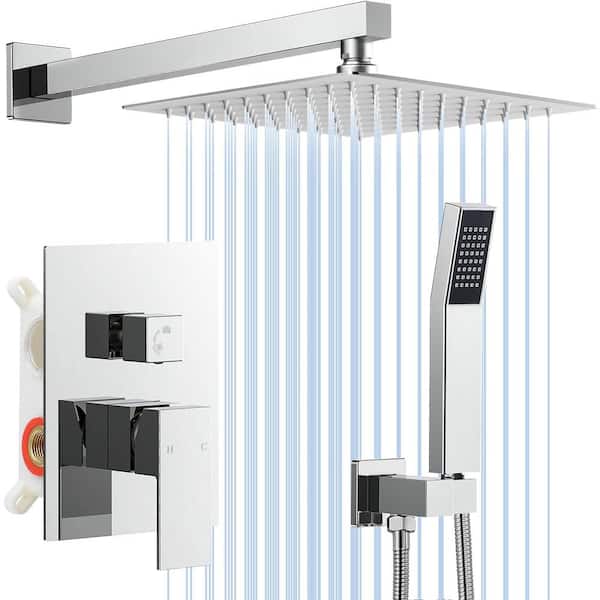 AKLFGN 1-Spray Square 12 in. Shower Head Brass Wall Bar Shower Kit with Valve & Hand Shower Rainfall Shower in Polished Chrome