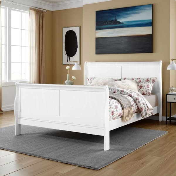 Sleigh White Wood Frame Full Size Panel Bed with Sleek Legs