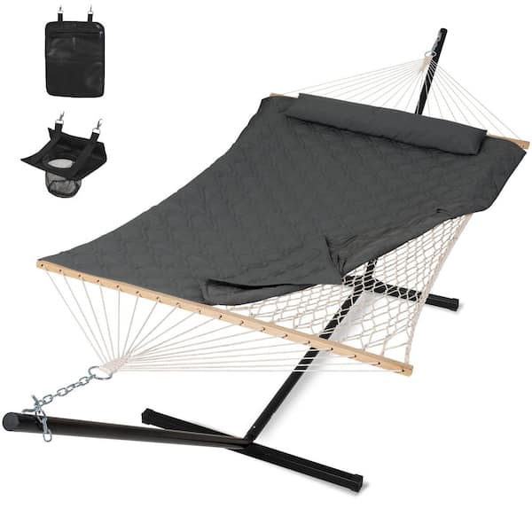 Atesun 12 ft. Quilted Rope Hammock Pad and Pillow with Stand, Dark Gray Drops