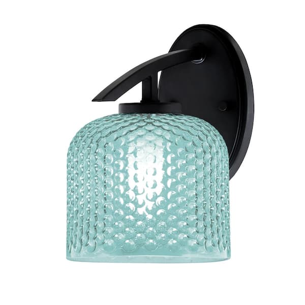 Unbranded Siena 1-Light Matte Black Downlight Wall Sconce with Turquoise Glass Shade