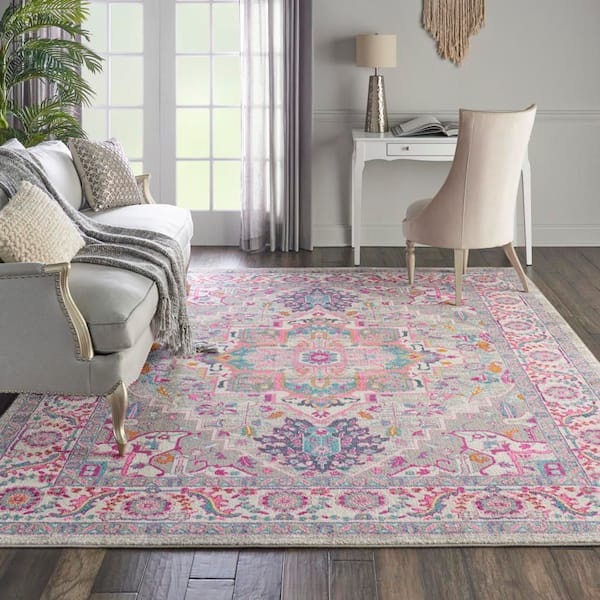 Passion Light Grey Pink 9 ft. x 12 ft. Persian Medallion Transitional Area Rug