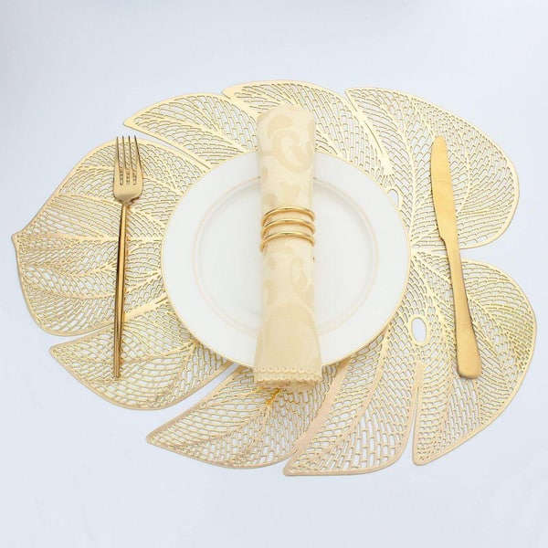 17.7 in. x 13.8 in. Gold Leaf Shaped Metallic Vinyl Placemats Set, Table Mats for Dinner Table Decoration (Set of 8)