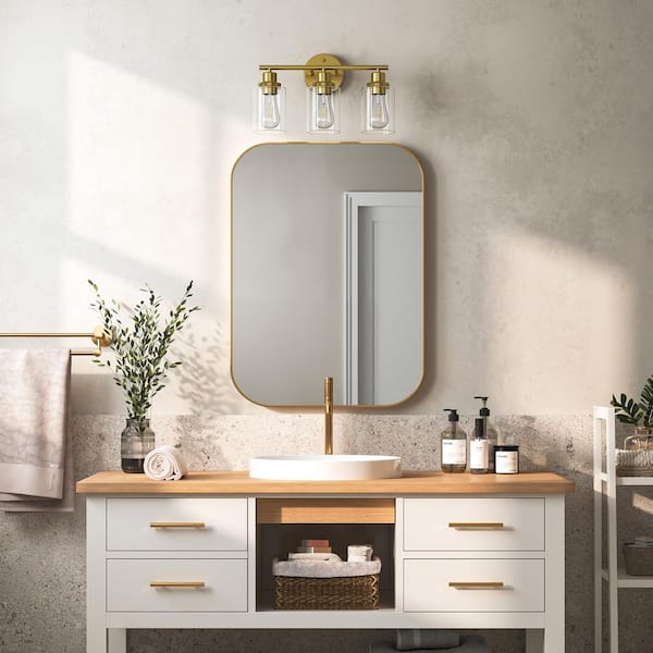 17 in. 3-Light Modern Brushed Gold Vanity-Light with Clear Glass Shade