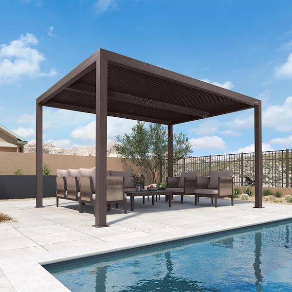 PURPLE LEAF 10 ft. x 13 ft. Bronze Aluminum Frame Outdoor Louvered Pergola Hardtop Gazebo with Adjustable Roof for Garden Backyard