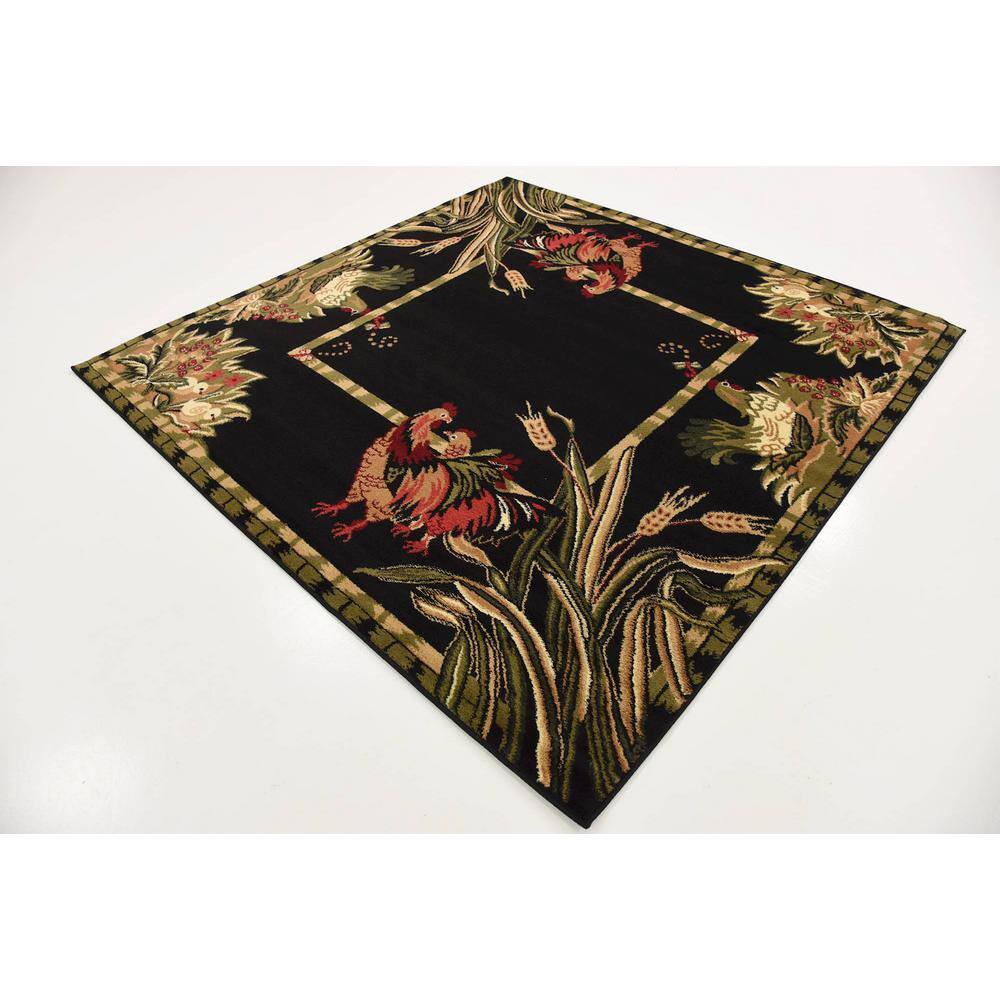 Black Floral Synthetic Square Indoor Rug, 6' x 6'