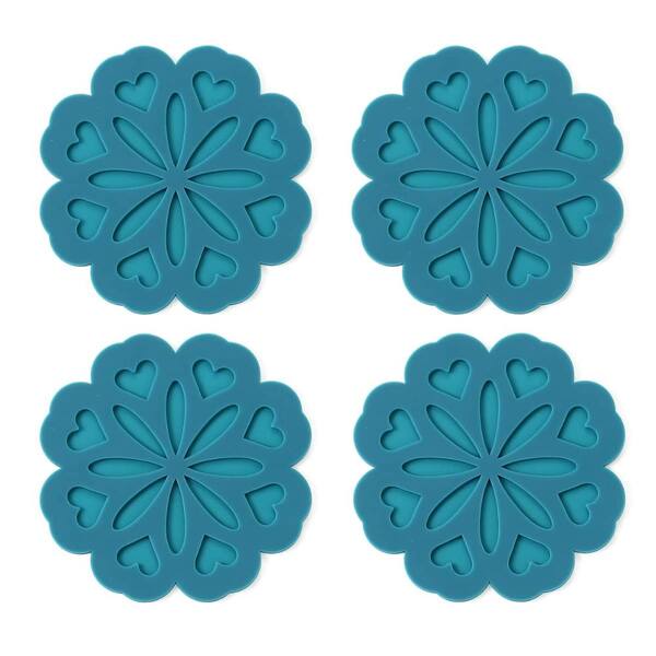 Teal Silicone Flower Trivets, 4-Pack, Non-Slip Heat-Resistant Hot Pads for Kitchen Tables and Counters
