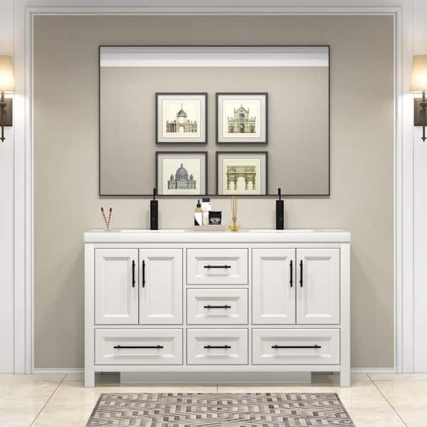 VIV 59 in. W x 20 in. D x 35 in. H Double Sink Freestanding Bath Vanity in White with White Acrylic Top