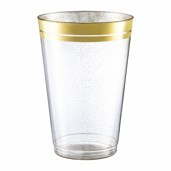 PERFECT SETTINGS 14 oz. 2 Line Gold Rim Gold Glitter Disposable Plastic Cups, Party, Cold Drinks, (100/Pack)