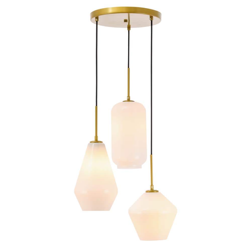 Timeless Home 17.3 in. 3-Light Brass and Frosted White Glass Pendant Light,