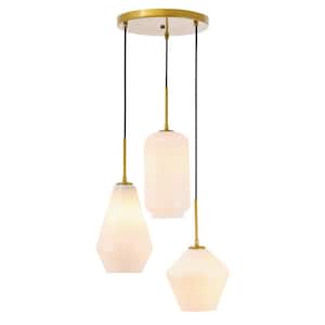 Timeless Home Gael 3-Light Brass Pendant w/6.1 in./7.1 in./7.9 in. x 11.4 in./11 in./7.5 in. Frosted White Shade Glass