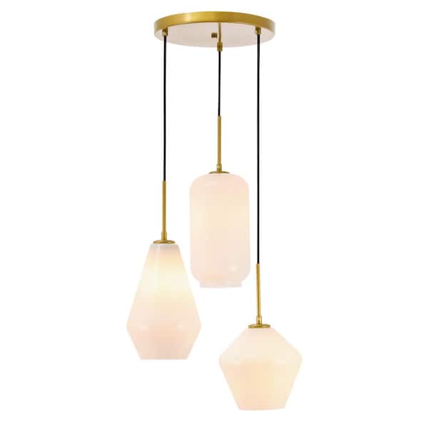 Unbranded Timeless Home Gael 3-Light Brass Pendant w/6.1 in./7.1 in./7.9 in. x 11.4 in./11 in./7.5 in. Frosted White Shade Glass