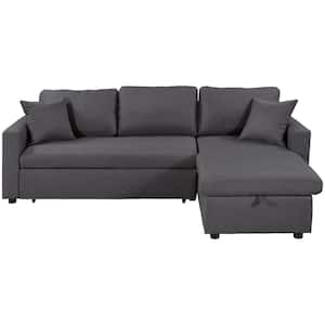 87.4 in. Gray Fabric Twin Size Sleeper Sectional Sofa Bed with Storage Space and 2 Tossing Cushions