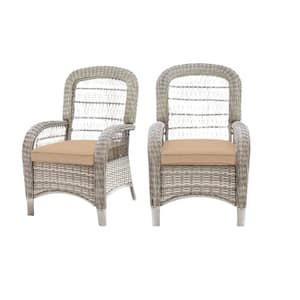 Beacon Park Gray Wicker Outdoor Patio Captain Dining Chair with Sunbrella Beige Tan Cushions (2-Pack)
