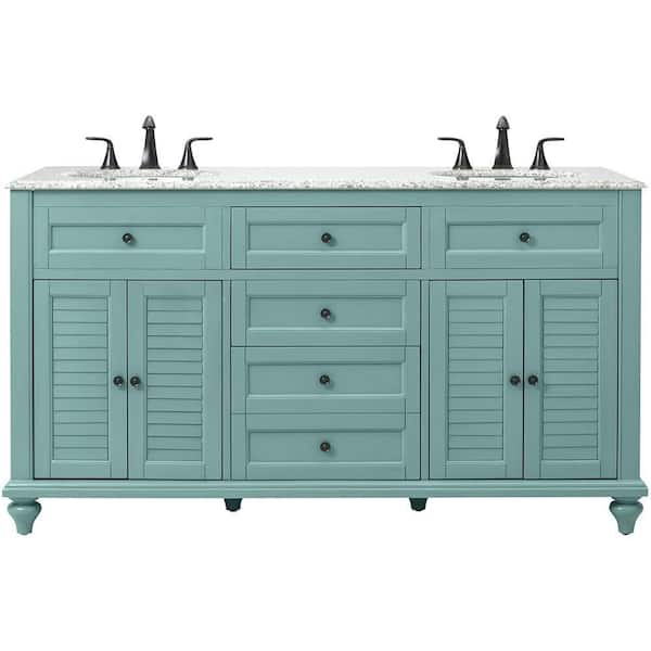 Hamilton 61 in. Double Sink Sea Glass Bath Vanity with Gray Granite Top (Assembled)