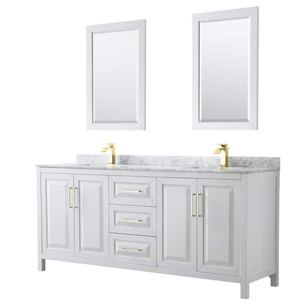 Wyndham Collection 80 in. W x 22 in. D x 35.75 in. H Double Sink Bath Vanity in White with White Carrara Marble Top and 24 in. Mirrors