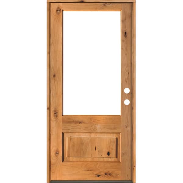 Krosswood Doors 36 in. x 80 in. Modern Farmhouse Knotty Alder Left-Hand/Inswing 3/4 Lite Clear Glass Clear Stain Wood Prehung Front Door