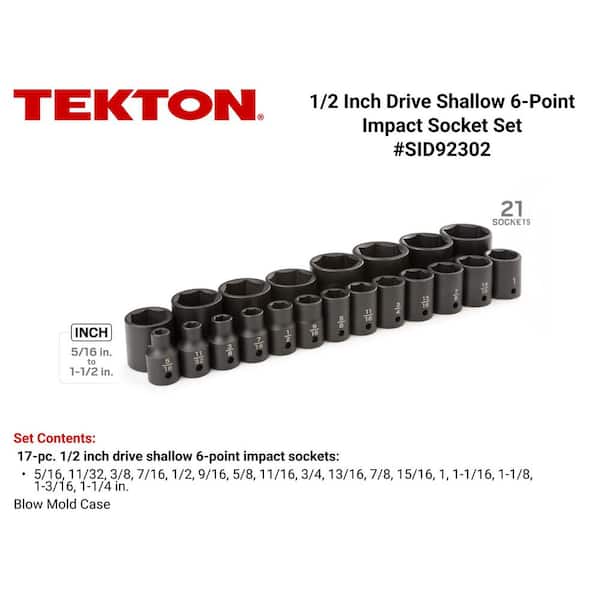 TEKTON 1/2 in. Drive 6-Point Impact Socket Set, 21-Piece (5/16 in