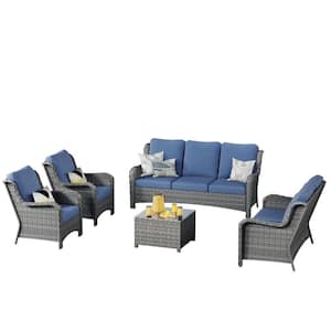 Janus Gray 5-Piece Wicker Patio Conversation Seating Set with Denim Blue Cushions and Coffee Table