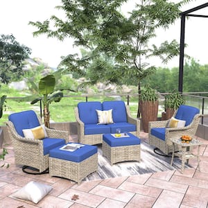 Palffy Gray 6-Piece Wicker Patio Conversation Seating Set with Navy Blue Cushions and Swivel Rocking Chairs