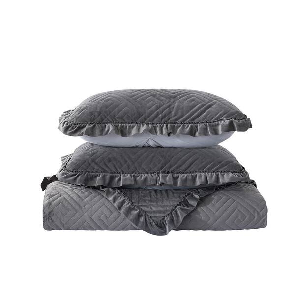 Jml Charcoal/Grey Reversible Twin Velvet Quilt Set