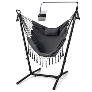 5 ft. Free Standing Height Adjustable Hammock Chair with Phone Holder and Side Pocket in Gray