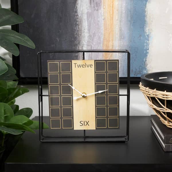 Litton Lane 9 in. x 9 in. Black Wooden Geometric Open Frame Square Clock with Grid Pattern