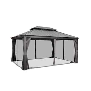 12 ft. x 16 ft. Gray Aluminum Hardtop Gazebo Canopy for Patio Deck Backyard Heavy-Duty with Netting and Curtains