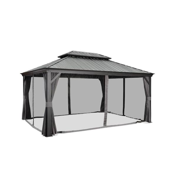 PURPLE LEAF 12 ft. x 16 ft. Gray Aluminum Hardtop Gazebo Canopy for Patio Deck Backyard Heavy-Duty with Netting and Curtains