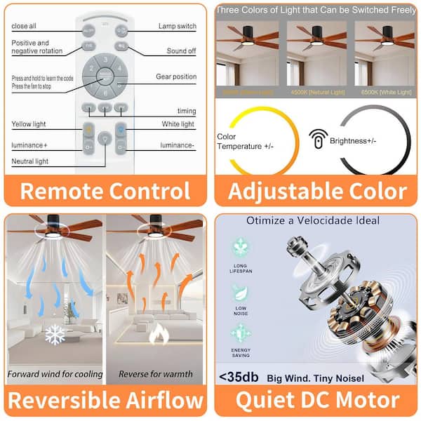 60 in. Flush Mount Ceiling Fan with Light,5 Brown Solid Wood Blades, Quiet Reversible DC Motor,Dimmable LED, Remote, APP