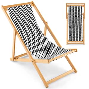 Natural Folding Bamboo Sling Outdoor Lounge Chair in Black and White Reclining Canvas Portable