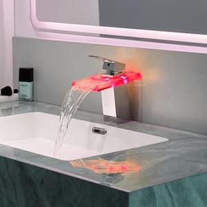 Waterfall Single Handle Single Hole Bathroom Faucet with Water Supply Hoses and LED Temperature Sensor Light in Chrome