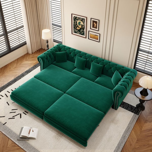 3-in-1 Convertible 89 in. Green Velvet King Size Sofa Bed with Rivet Head Trim, Movable Ottoman, 4 Pillows