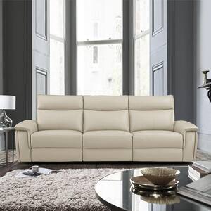 Verkin 110 in. W Straight Arm Leather Rectangle Power Double Reclining Sofa with Power Headrests in Taupe