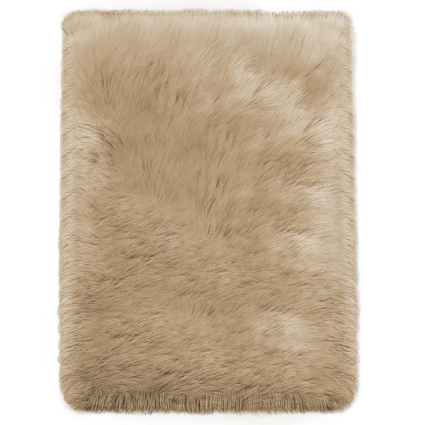 iliebe Sheepskin Faux Fur Beige 6 ft. x 9 ft. Cozy Furry Rugs Area Rug ...