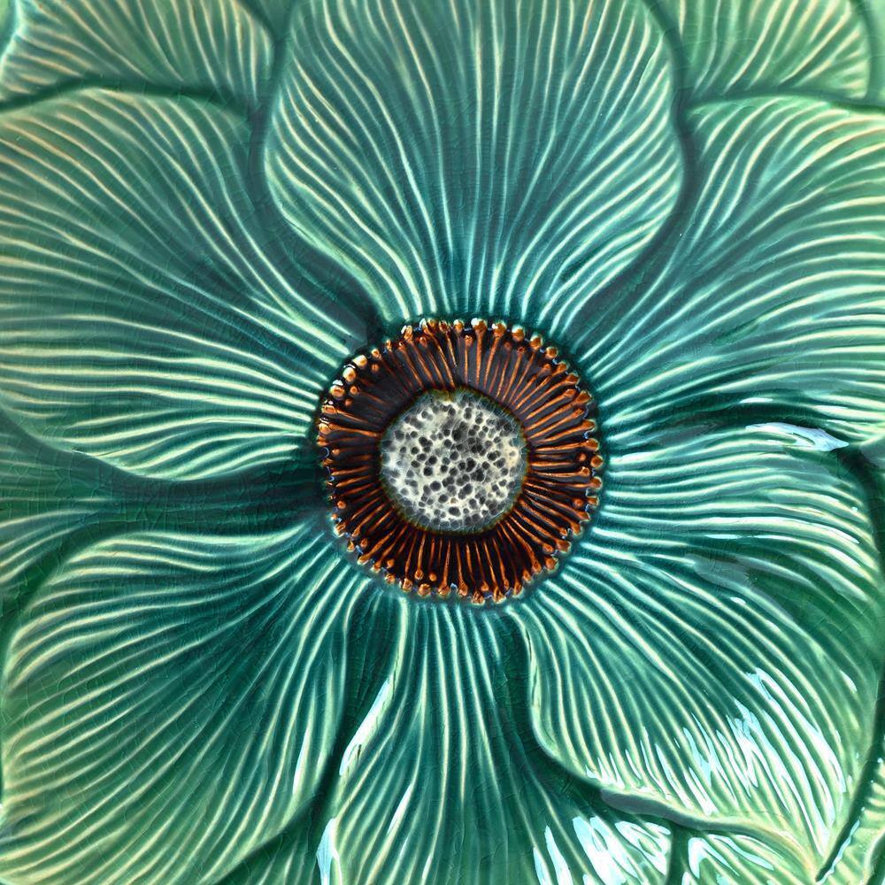 Aqua Green Ceramic Flower Carved Birdbath, 22-Inch Tall