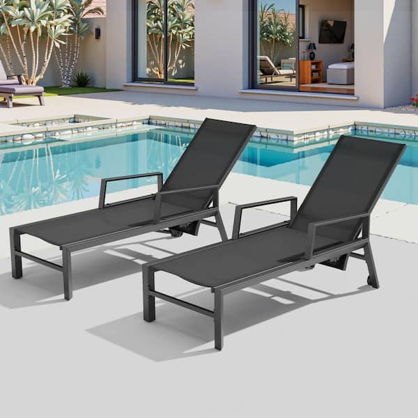 Pellebant 2-Piece Metal Aluminum Outdoor Chaise Lounge Chairs in Black with Adjustable Backrest, Arms and Wheels