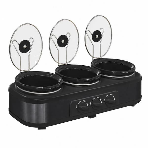 Triple Slow Cooker Buffet Server and Warmer with 3 Removable 1.5-Qt Ceramic Pots Black Stainless Steel